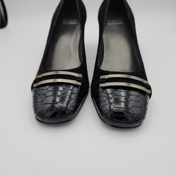 Stuart Weitzman "Joining" BlackSuede Heels w/ Snakeskin Cap Toe Pumps $475 Spain - Picture 3 of 9
